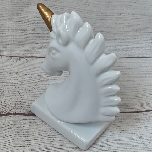 White Ceramic Unicorn Statue Figurine Bust with Gold Horn Glazed Finish 6" - Picture 12 of 14